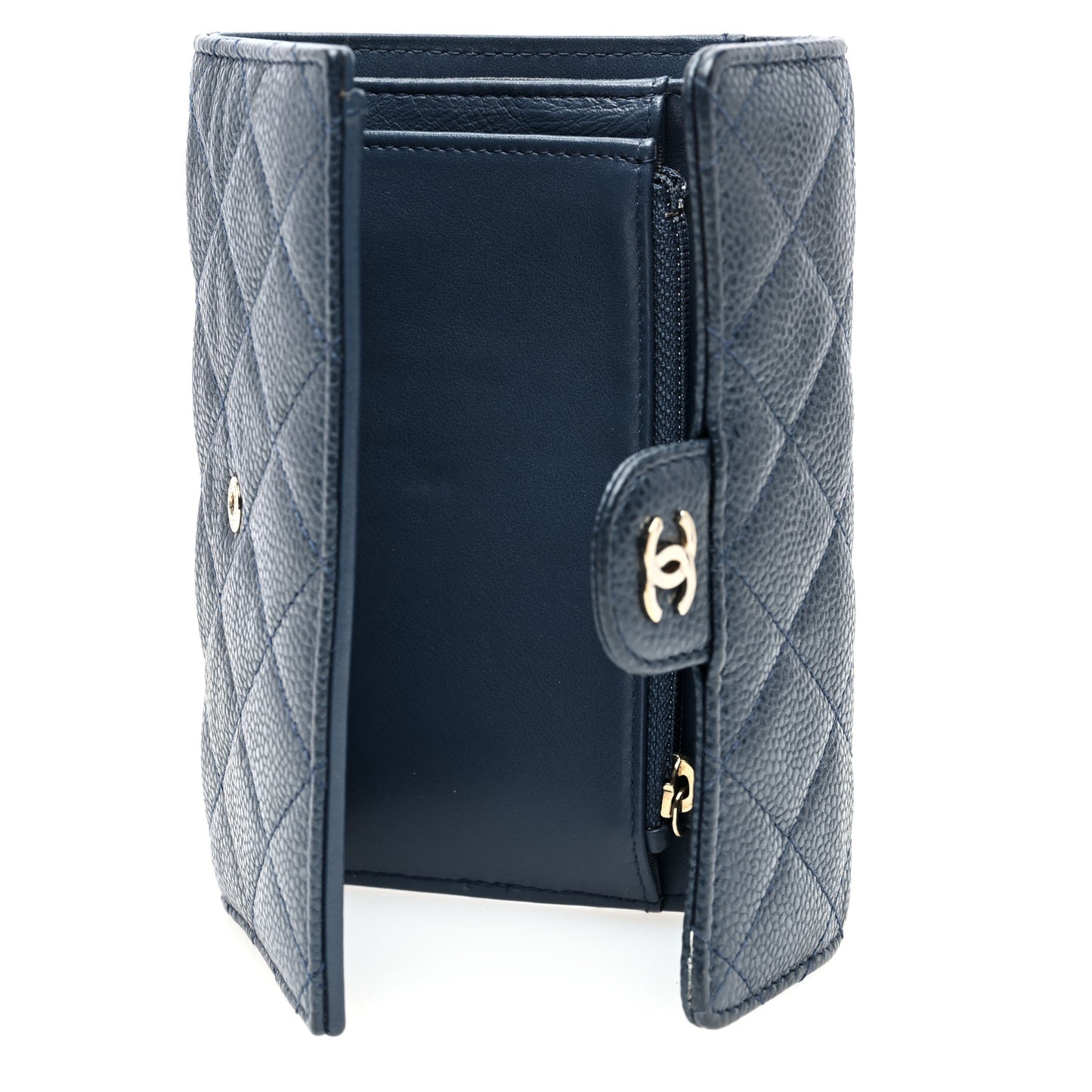 Metallic Caviar Quilted Medium Flap Wallet Dark Blue