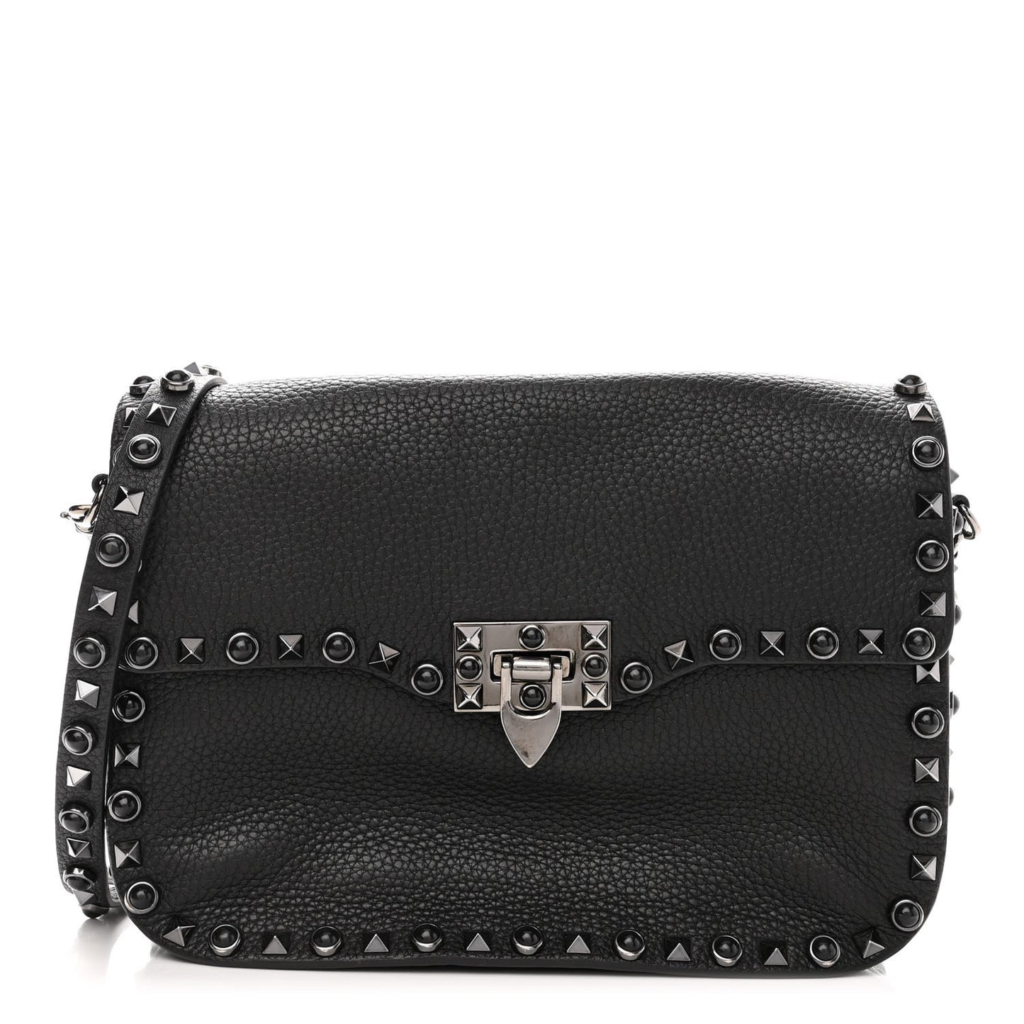 Pebbled Calfskin Onyx Medium Rockstud Rolling Flap Saddle Bag Black
