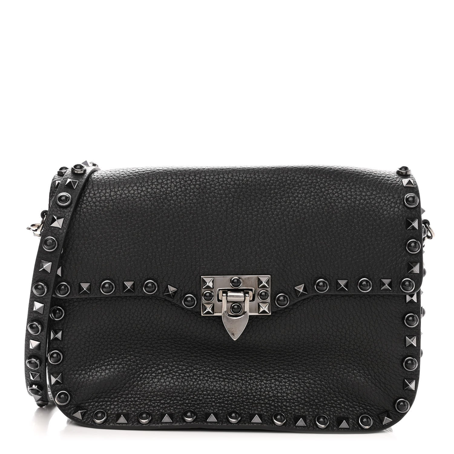 Valentino Garavani Pebbled Calfskin Onyx Medium Rockstud Rolling Flap Saddle Bag Black 1 of 10