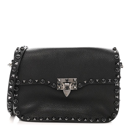 Valentino Garavani Pebbled Calfskin Onyx Medium Rockstud Rolling Flap Saddle Bag Black 1 of 10