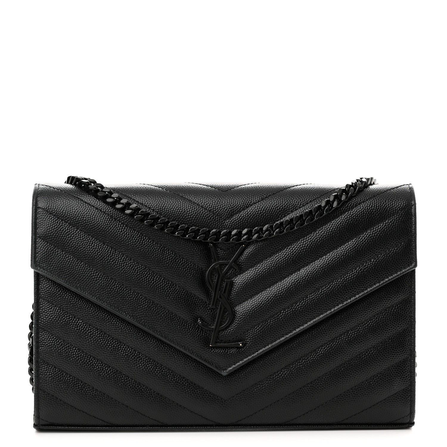 Saint Laurent Grain De Poudre Matelasse Chevron Monogram Monochrome Chain Wallet Black 1 of 12