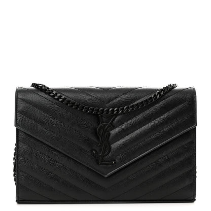 Saint Laurent Grain De Poudre Matelasse Chevron Monogram Monochrome Chain Wallet Black 1 of 12