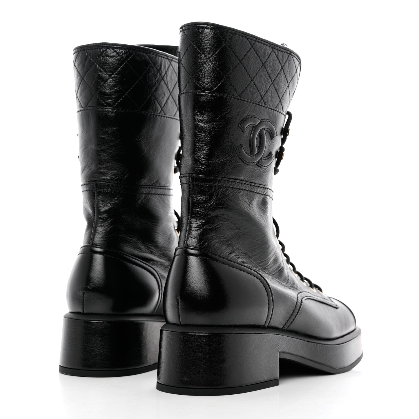 Shiny Calfskin Quilted CC Lace Up Combat Boots 38.5 Black