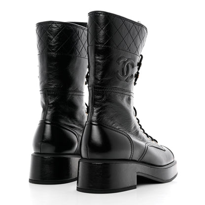 Chanel Shiny Calfskin Quilted CC Lace Up Combat Boots 38.5 Black 4 of 9