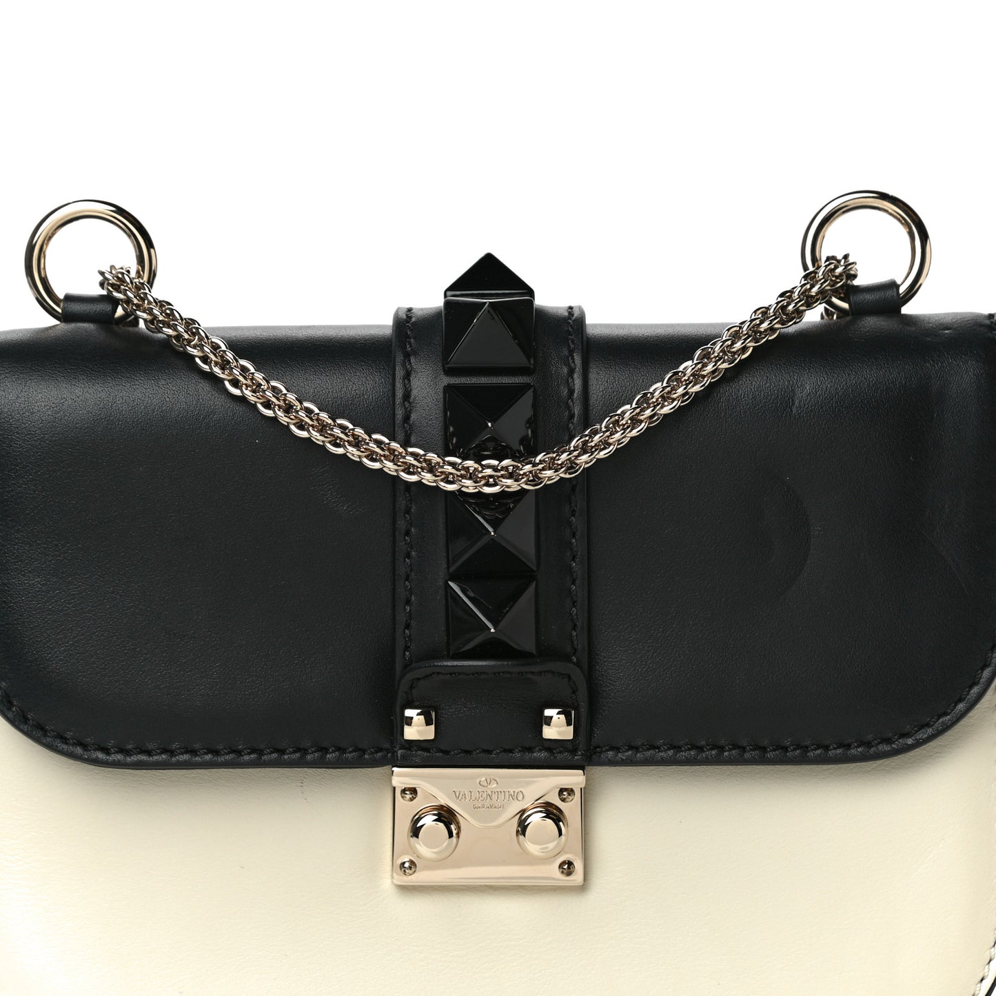 Vitello Small Glam Lock Rockstud Flap Black Light Ivory