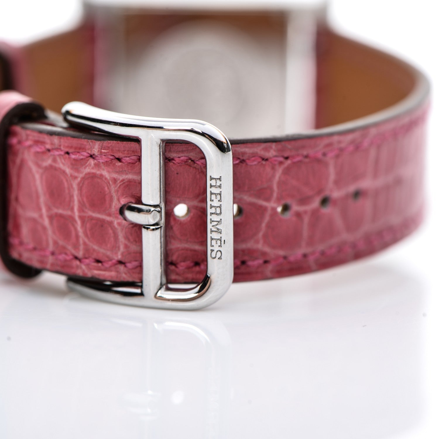 Hermes Stainless Steel Alligator Diamond Mother of Pearl 21mm Heure H Hour Quartz Watch Framboise 8 of 10