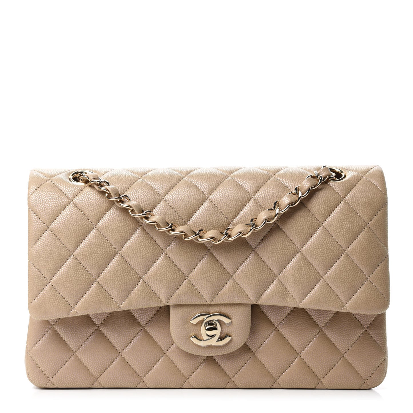 Iridescent Caviar Quilted Medium Double Flap Dark Beige