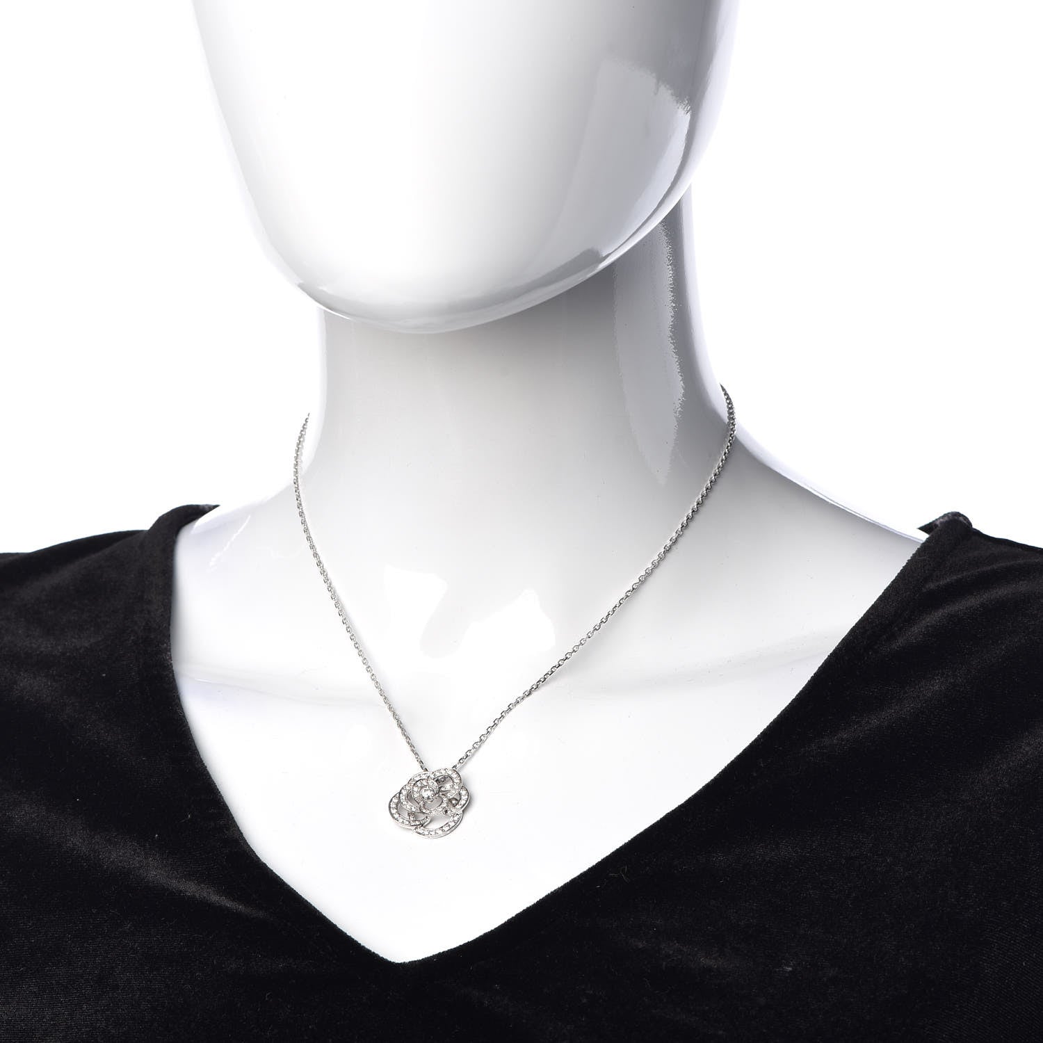 Chanel 18K White Gold Diamond Small Camelia Pendant Necklace 2 of 5