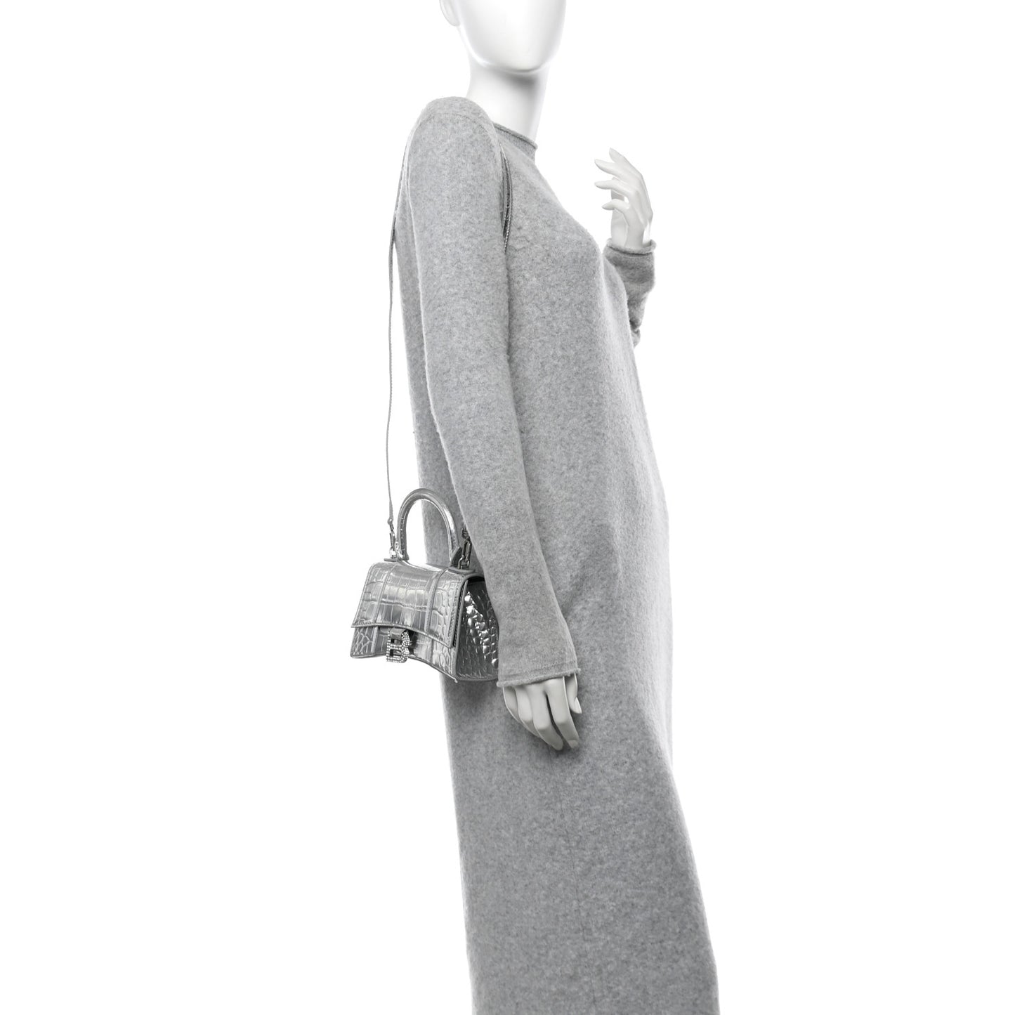 Metallic Calfskin Crocodile Embossed Crystal Hourglass Top Handle Bag XS Silver