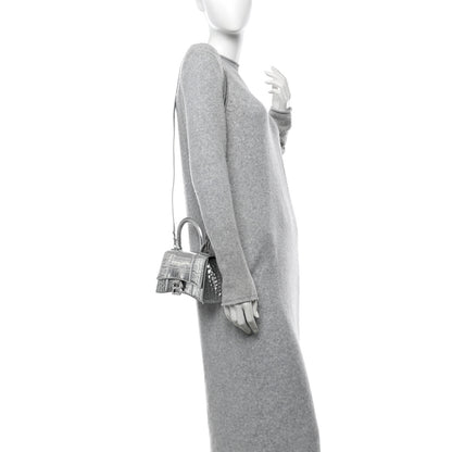 Balenciaga Metallic Calfskin Crocodile Embossed Crystal Hourglass Top Handle Bag XS Silver 2 of 11