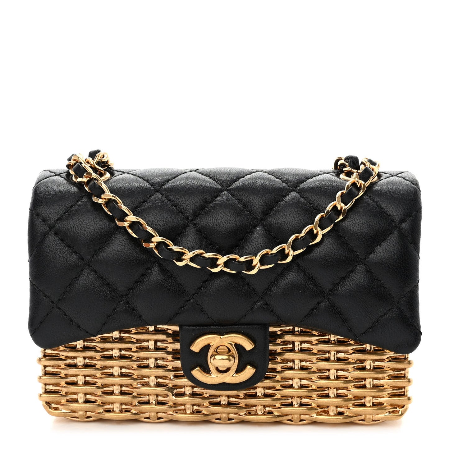 Woven Metal Lambskin Quilted Small Flap Black Gold