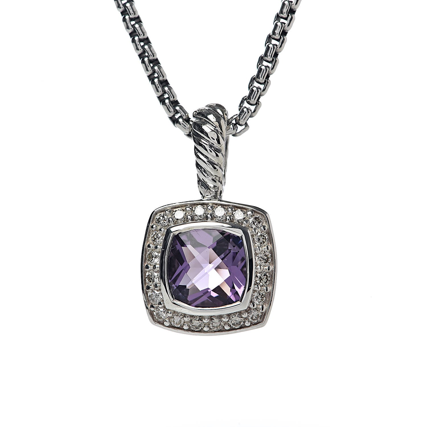 David Yurman Sterling Silver Diamond Amethyst 7mm Petite Albion Pendant Necklace 4 of 7