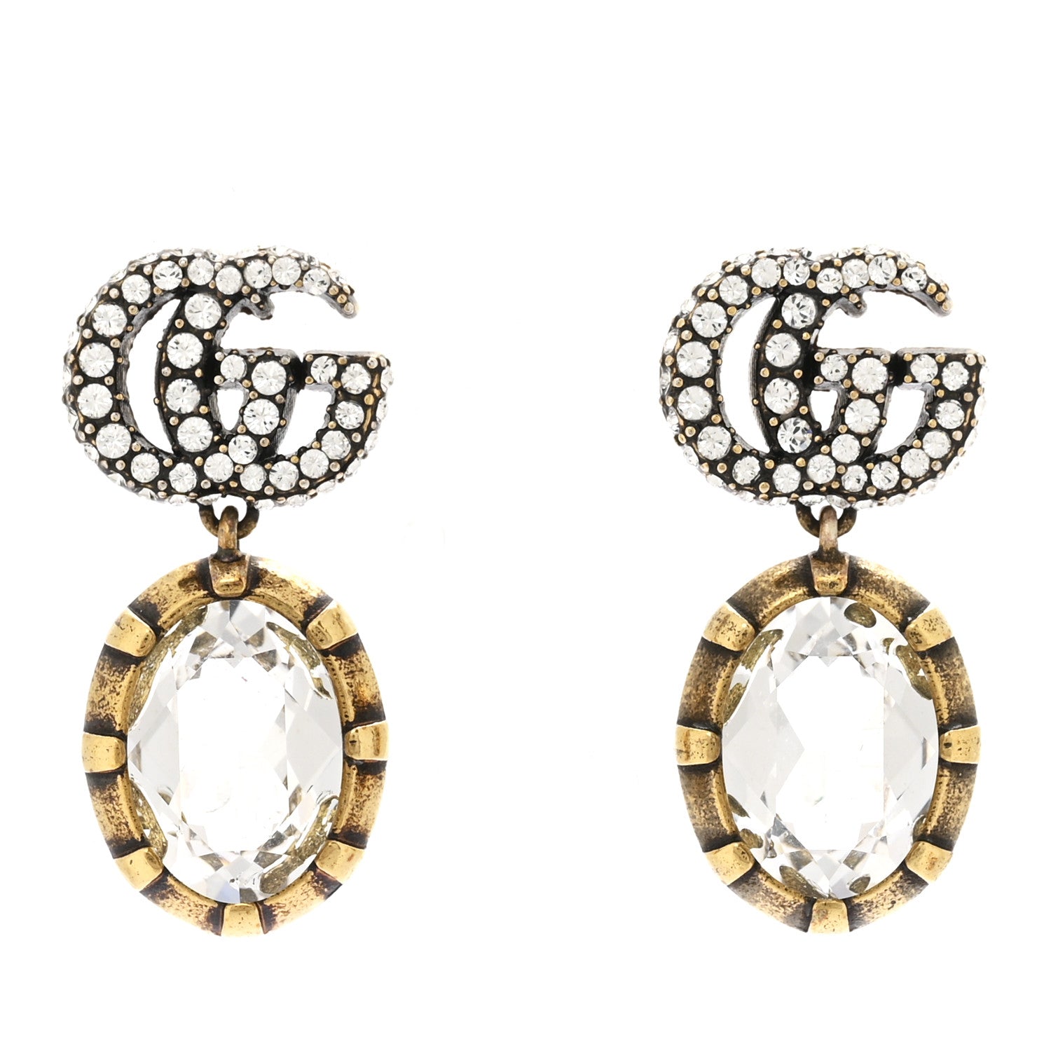 Gucci Metal Crystal Double G Drop Earrings Aged Gold 1 of 4