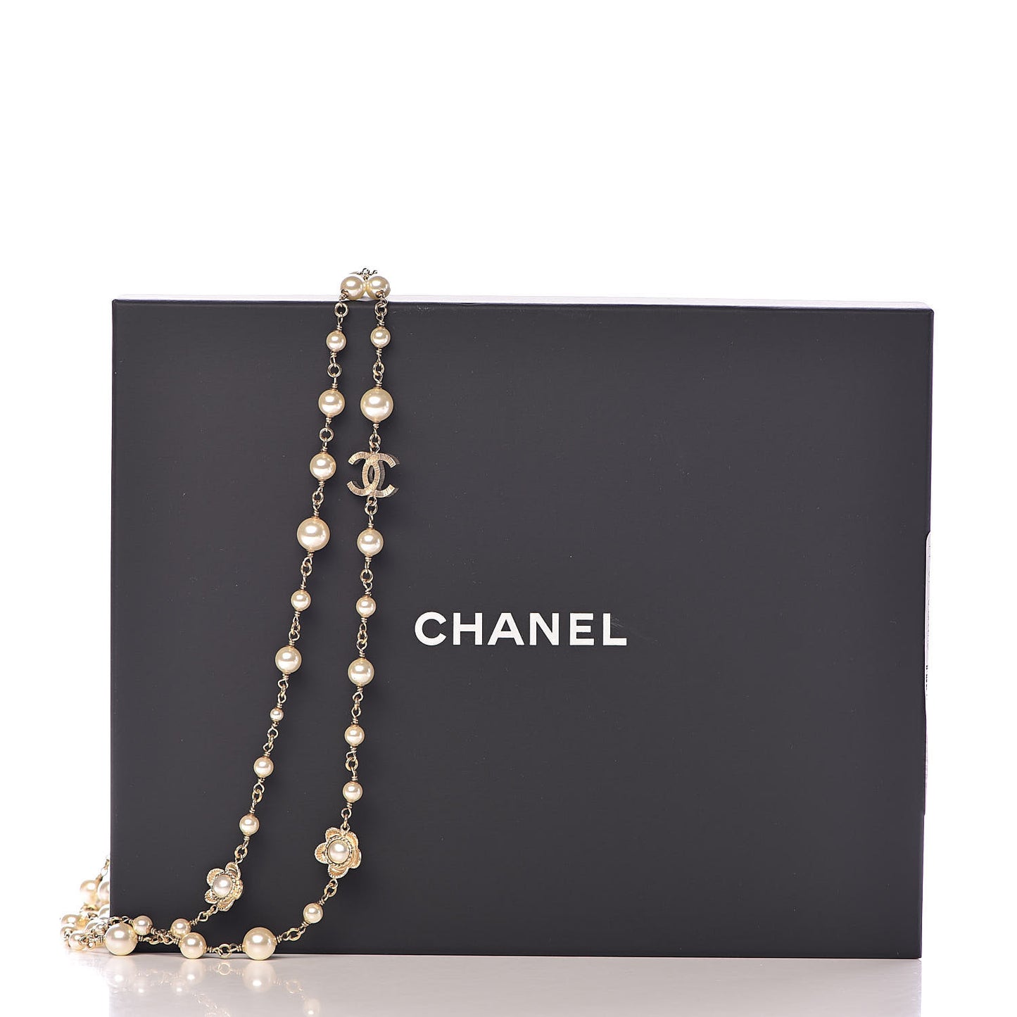 Pearl Crystal Flower CC Long Necklace Golden Pearly White