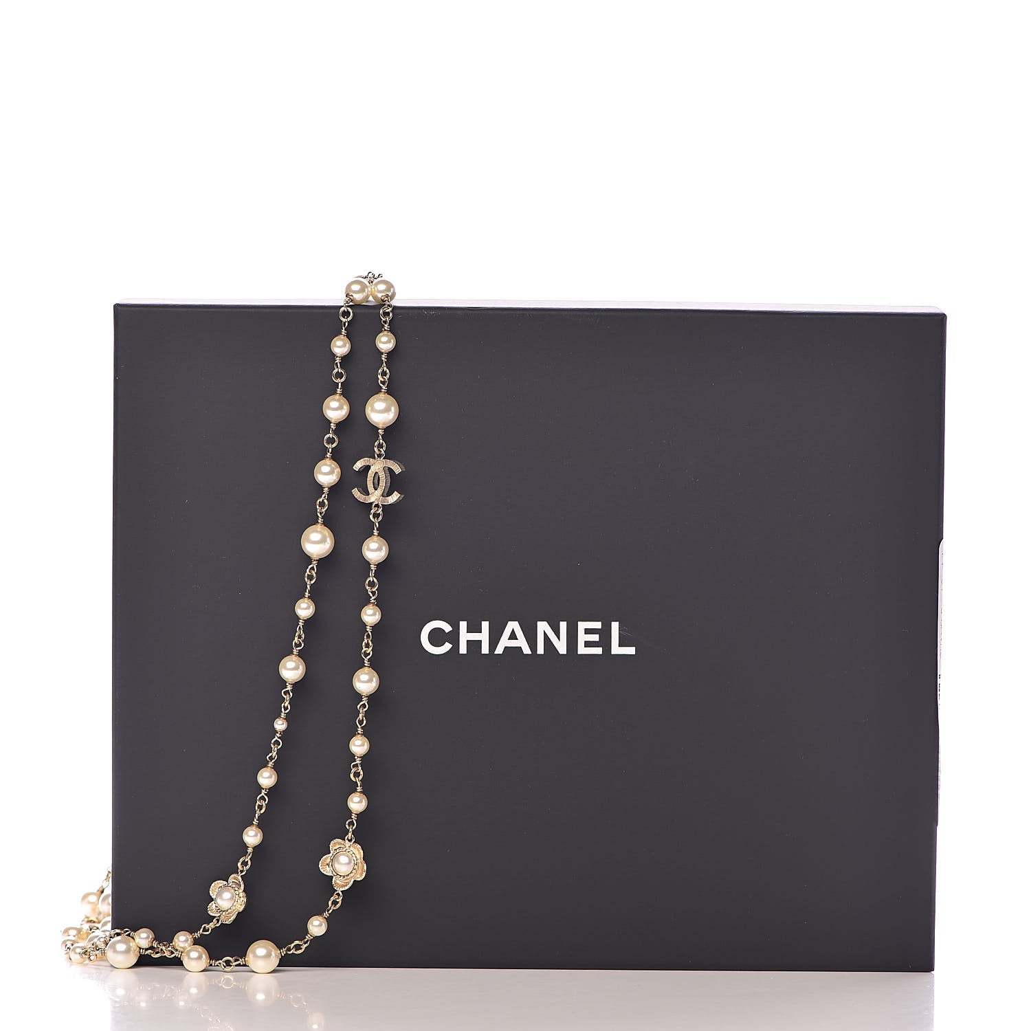 Chanel Pearl Crystal Flower CC Long Necklace Golden Pearly White 5 of 5