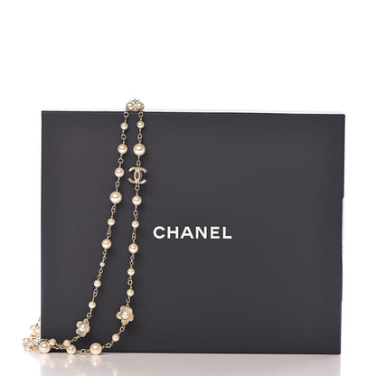 Chanel Pearl Crystal Flower CC Long Necklace Golden Pearly White 5 of 5