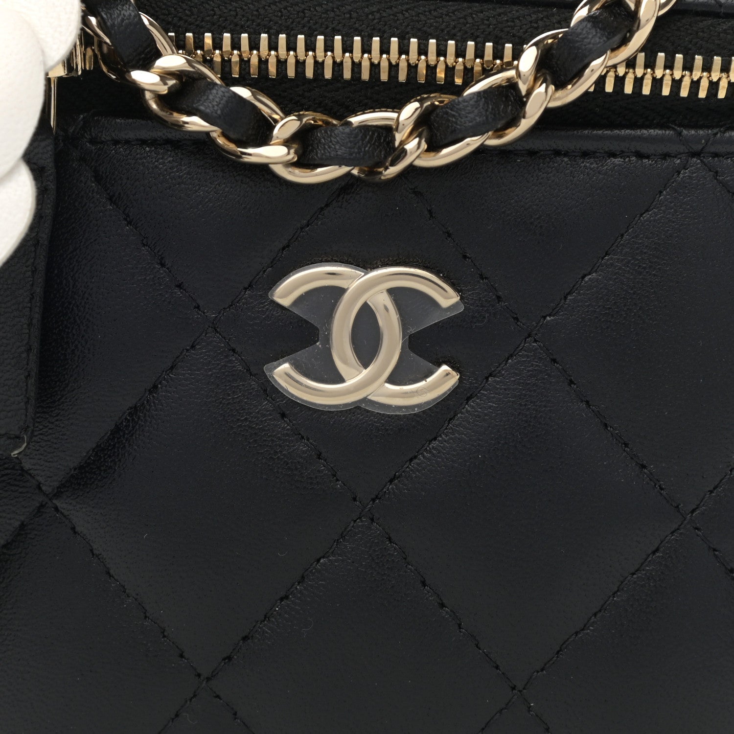 Chanel Lambskin Quilted Mini Camellia Bow Vanity Case With Chain Black 8 of 9