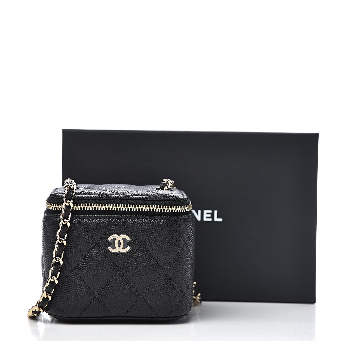 Caviar Quilted Mini Vanity Case With Chain Black