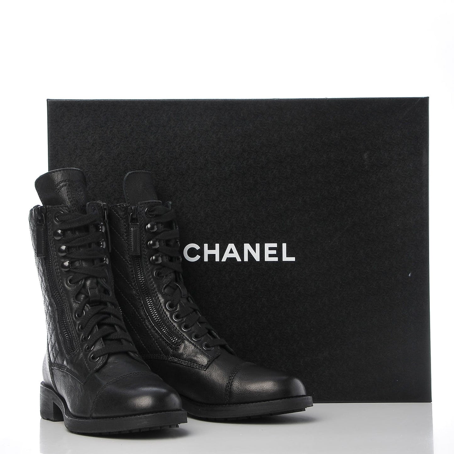 Sheepskin Quilted CC Tall Lace Up Combat Boots 35.5 Black