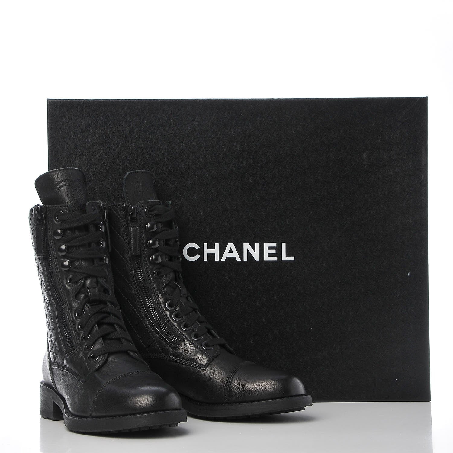 Chanel Sheepskin Quilted CC Tall Lace Up Combat Boots 35.5 Black 9 of 9