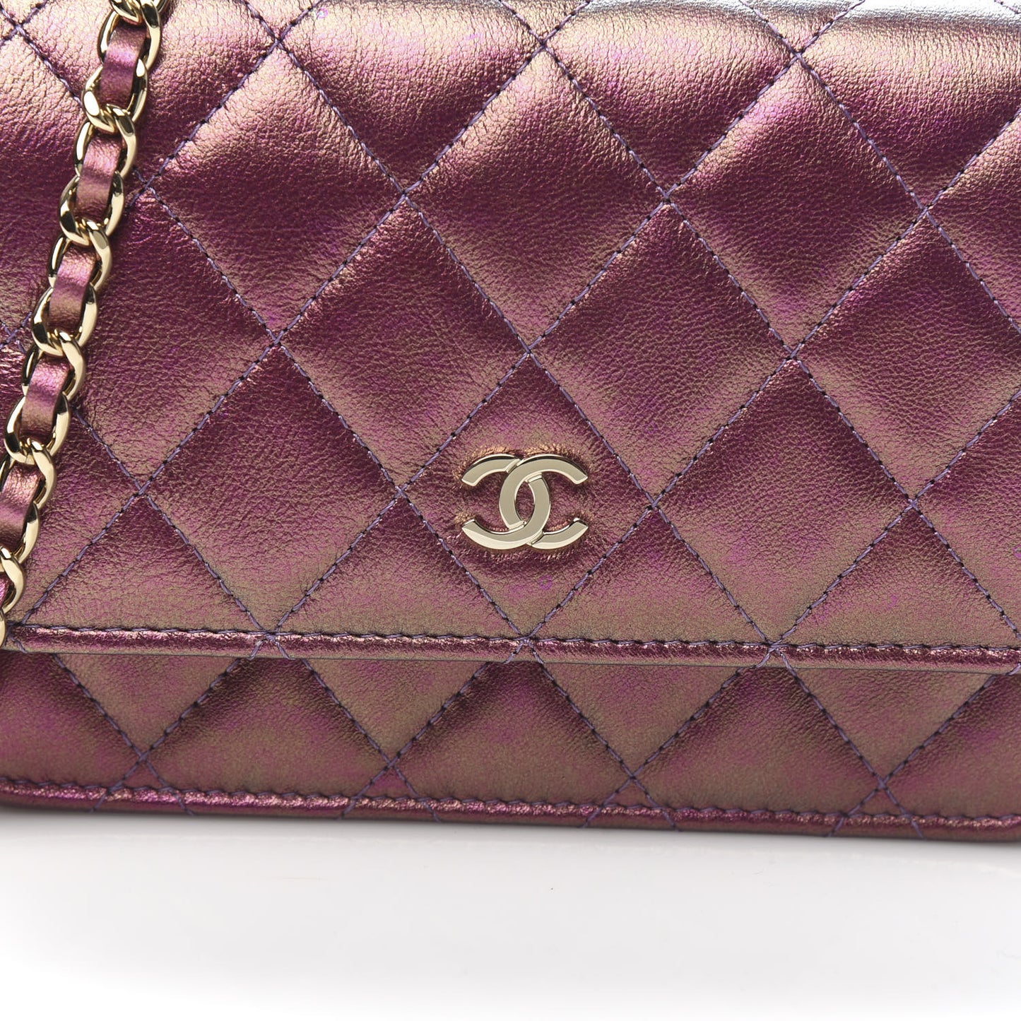 Iridescent Lambskin Quilted Mini Wallet On Chain WOC Purple