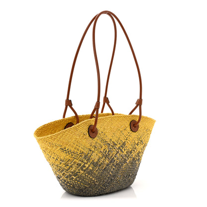 Loewe Calfskin Raffia Paulas Ibiza Small Anagram Basket Tote Bag Yellow Green 3 of 10