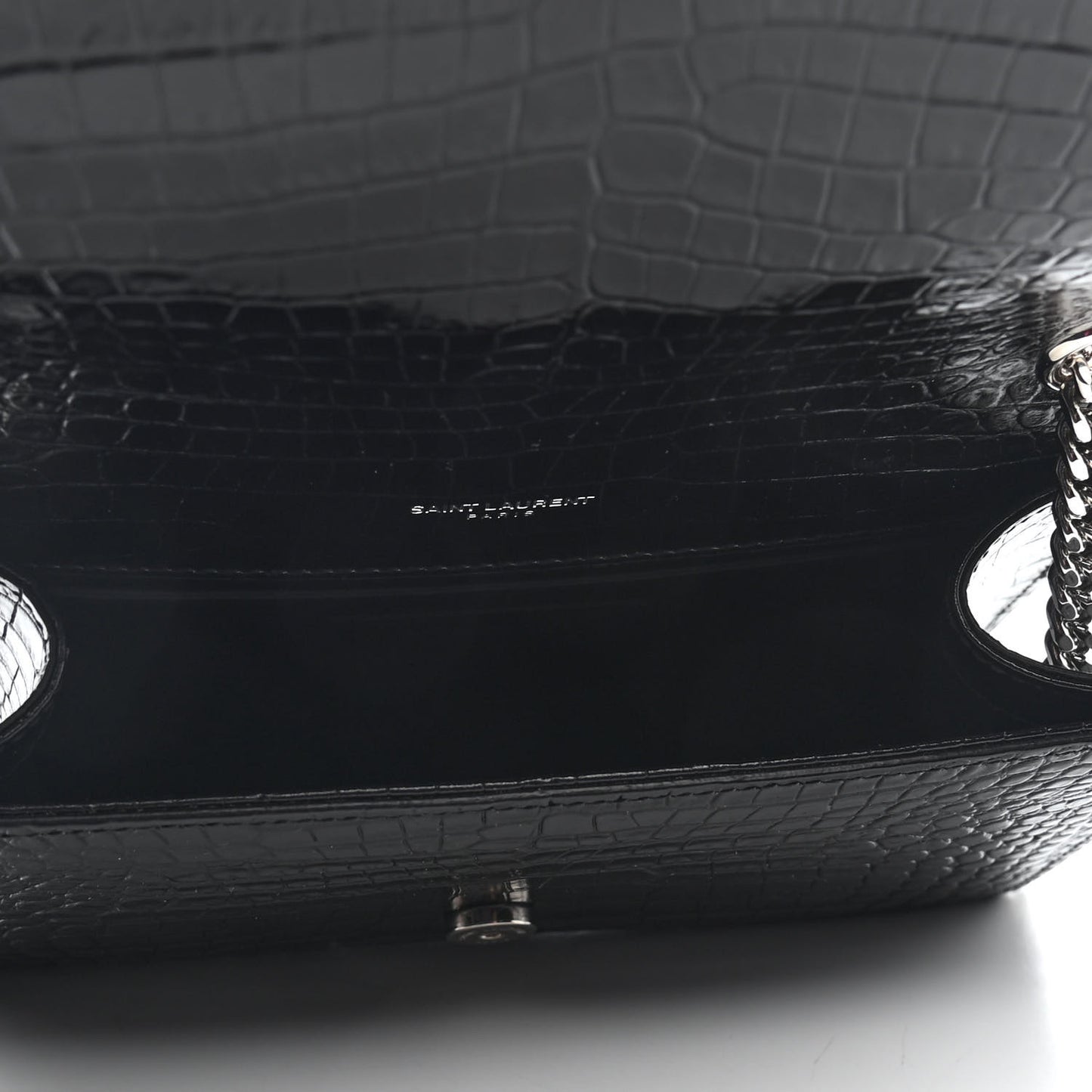 Calfskin Crocodile Embossed Small Classic Monogram Kate Tassel Satchel Black