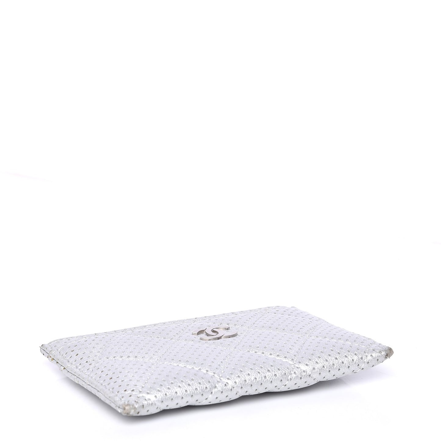Metallic Lambskin Perforated Quilted Card Holder Silver