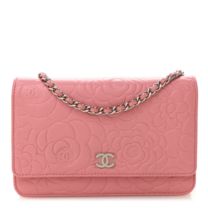 Chanel Lambskin Camellia Embossed Wallet on Chain WOC Pink 1 of 12
