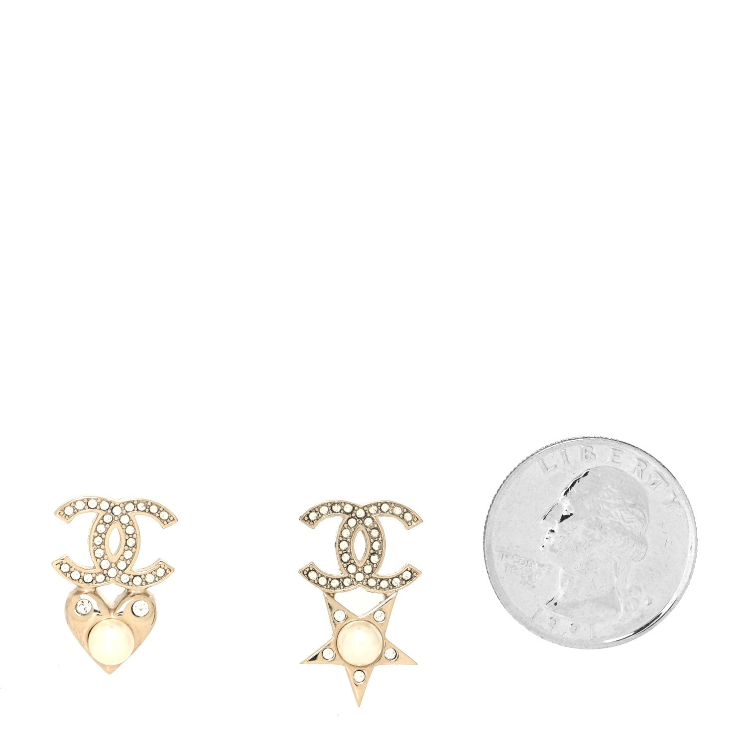 Chanel Crystal Pearl Charming Winter CC Star Heart Earrings Gold 2 of 4