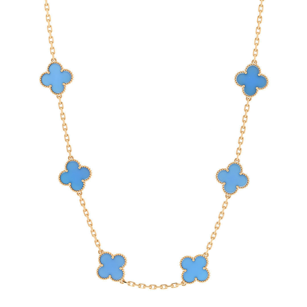 18K Yellow Gold Blue Agate 10 Motifs Vintage Alhambra Necklace