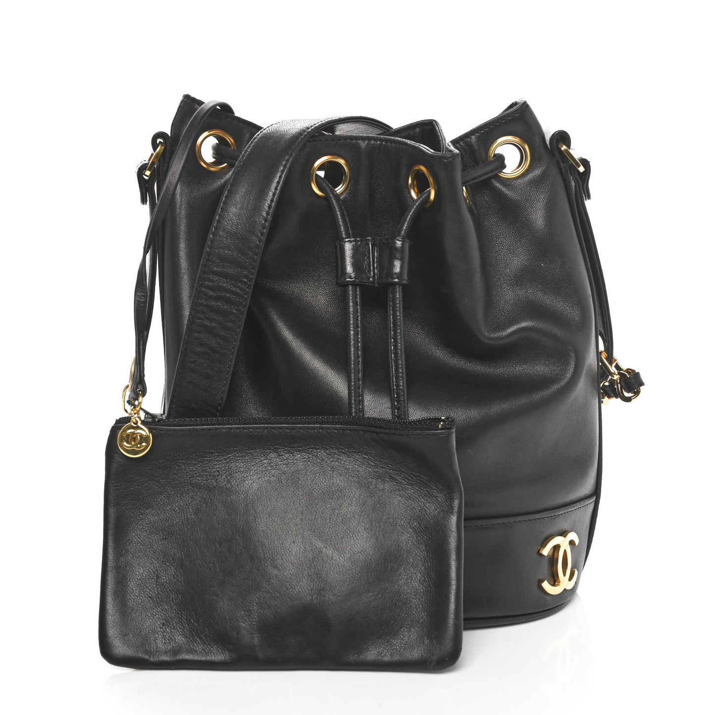 Lambskin CC Drawstring Shoulder Bag Black
