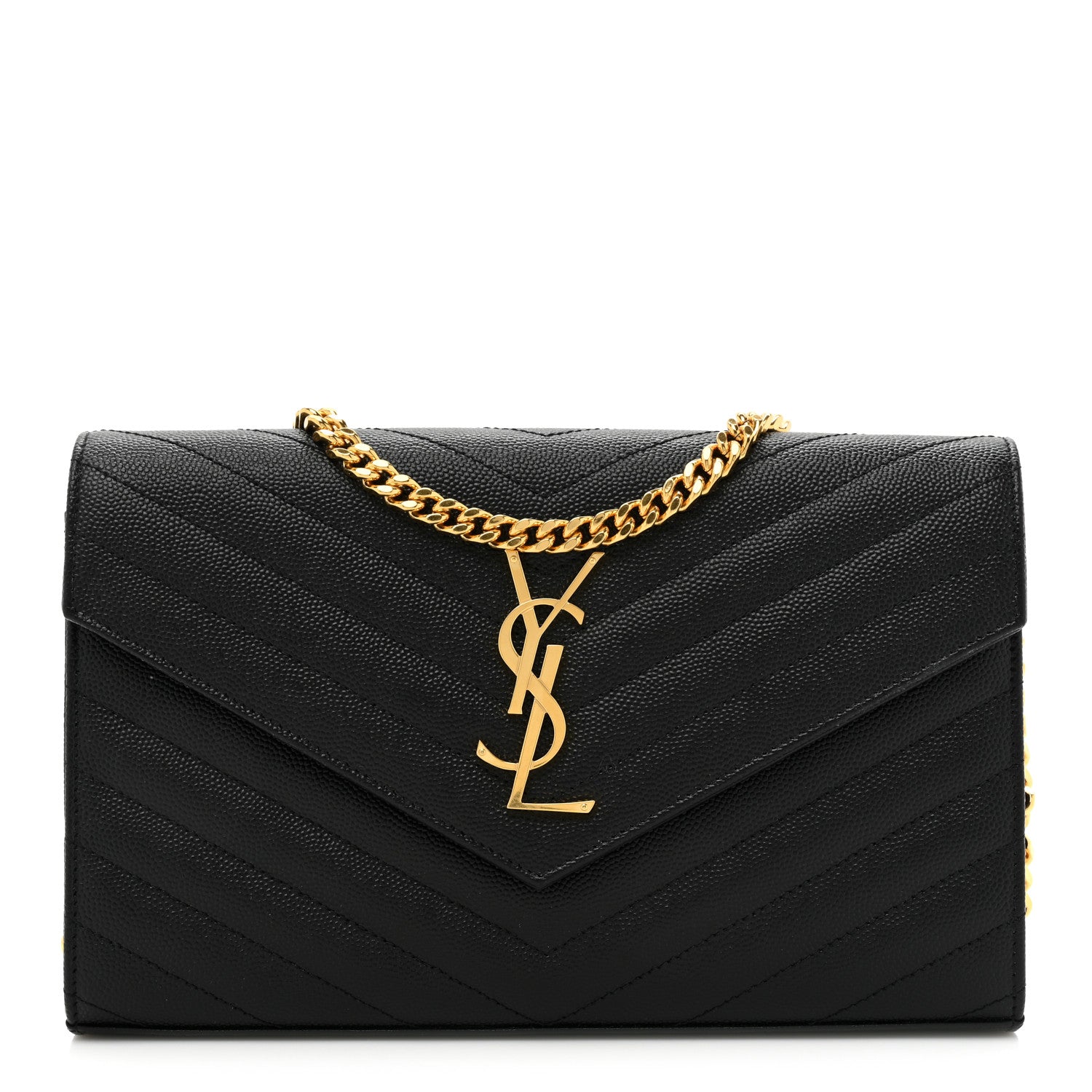 Saint Laurent Grain De Poudre Matelasse Chevron Monogram Chain Wallet Black 1 of 13