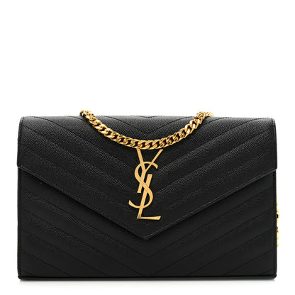 Saint Laurent Grain De Poudre Matelasse Chevron Monogram Chain Wallet Black 1 of 13