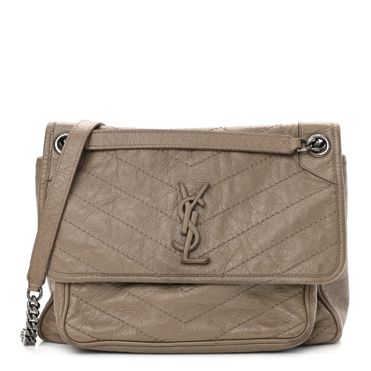 Crinkled Calfskin Matelasse Monogram Medium Niki Chain Satchel Light Taupe