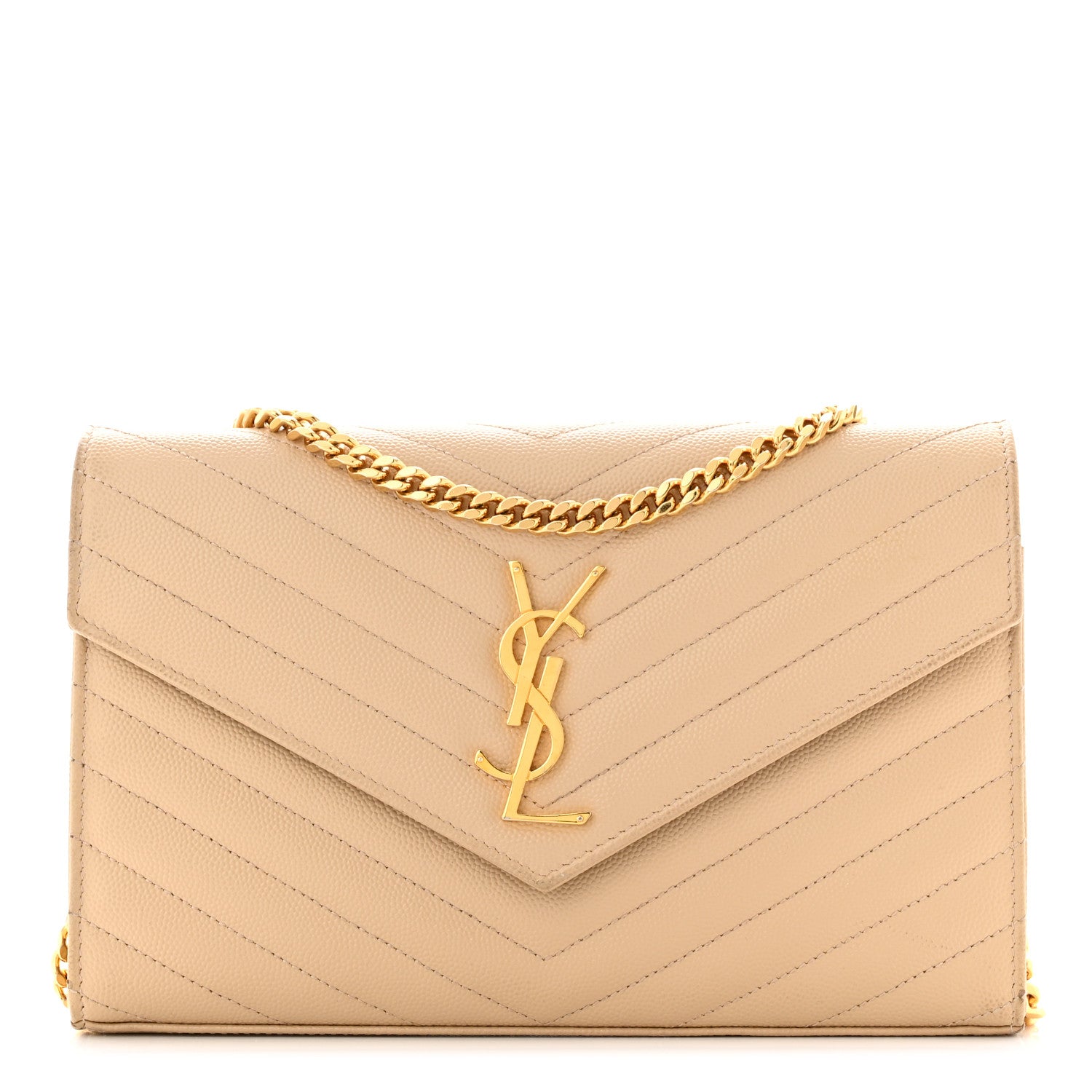 Saint Laurent Grain De Poudre Matelasse Chevron Monogram Chain Wallet Dark Beige 1 of 12