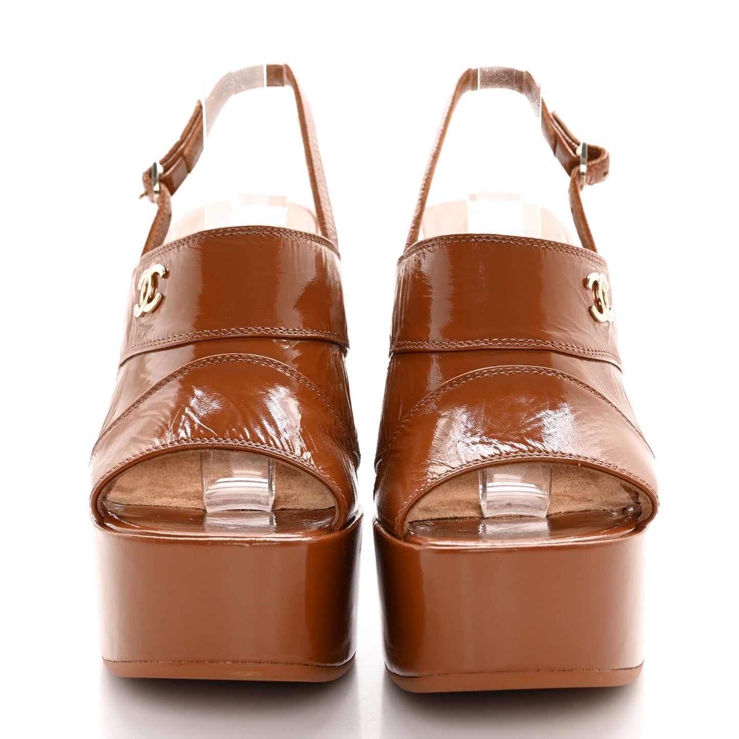 Crumpled Patent Lambskin Platform Sandals 38 Light Brown