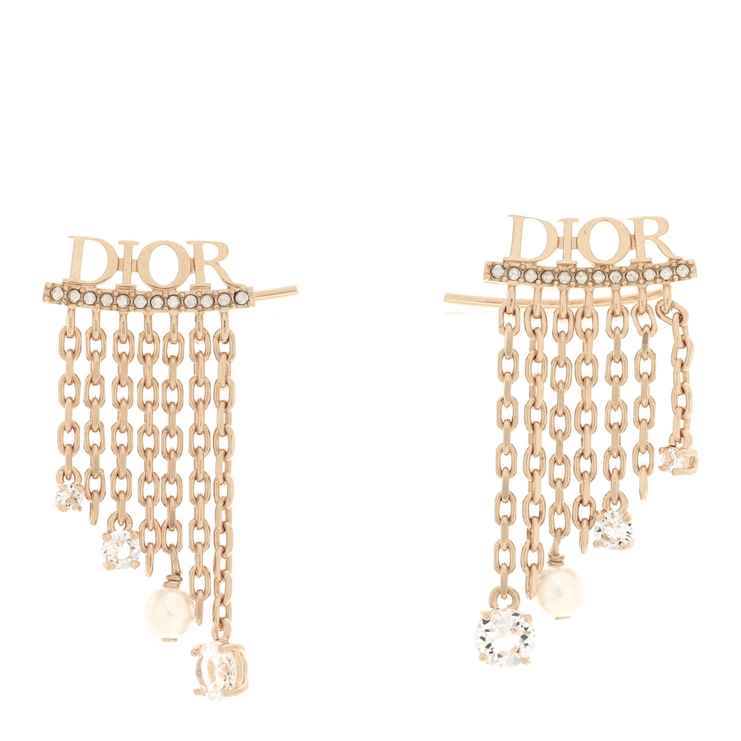 Pearl Crystal Dangle Chain Logo Earrings Gold