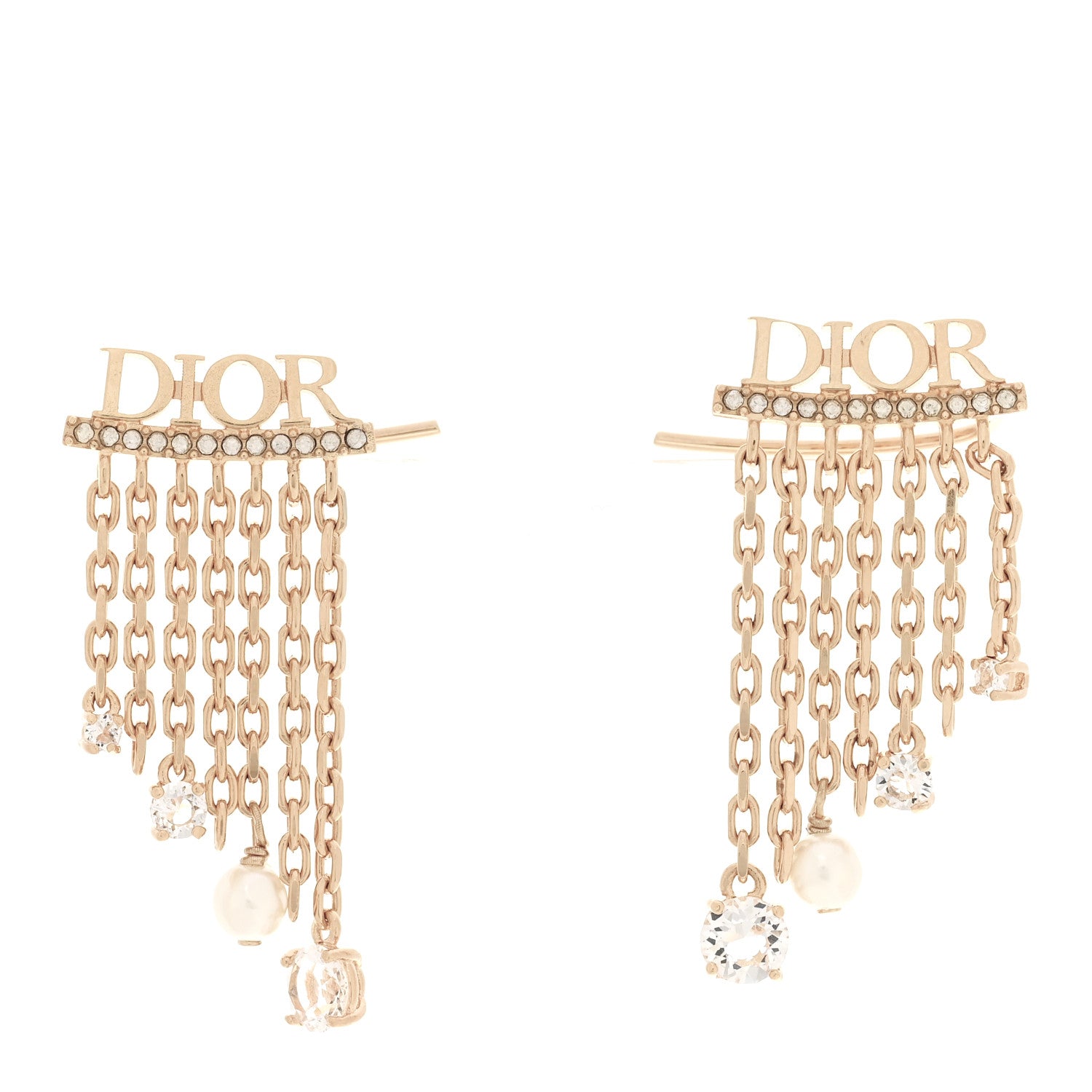 Christian Dior Pearl Crystal Dangle Chain Logo Earrings Gold 1 of 5