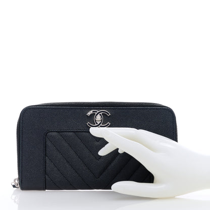 Chanel Caviar Sheepskin Chevron Quilted Mademoiselle Vintage Zip Around Wallet Black 2 of 7