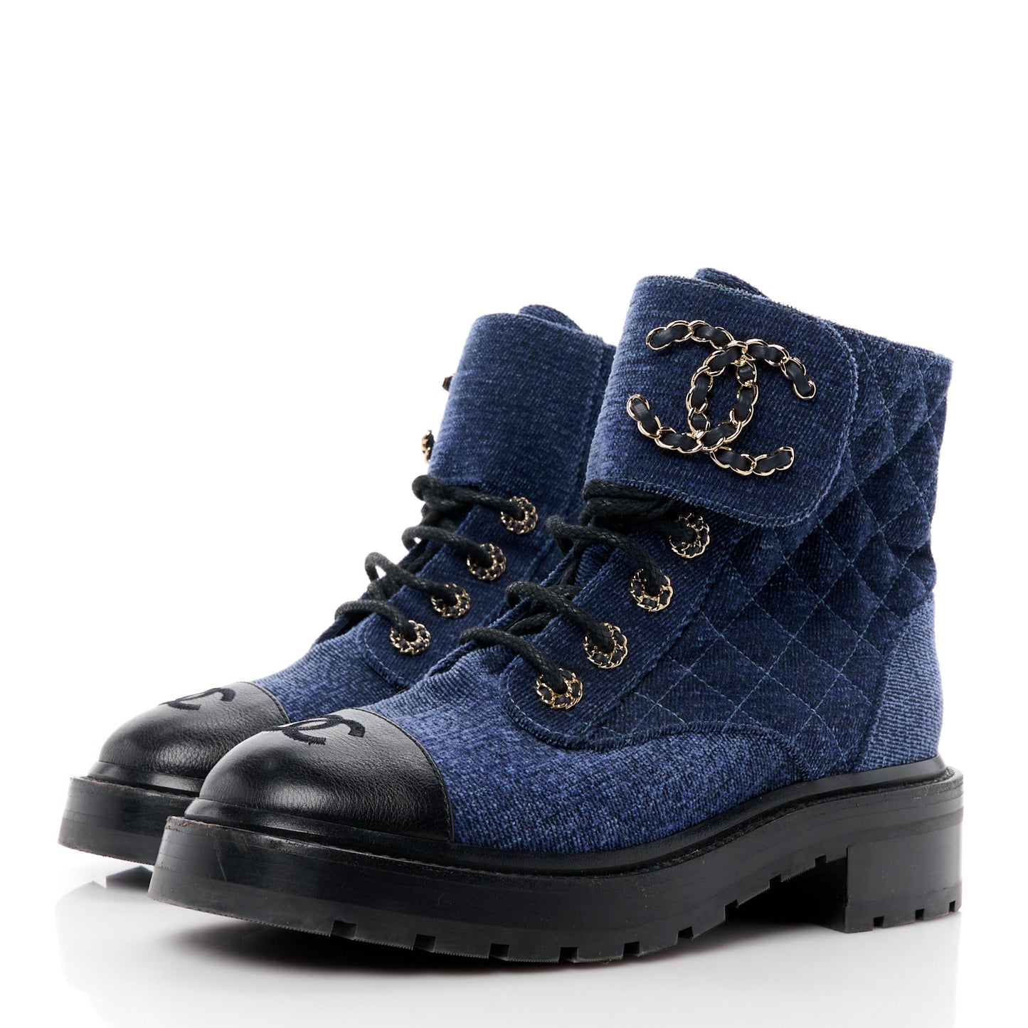 Denim Calfskin Quilted Lace Up Combat Boots 36.5 Blue