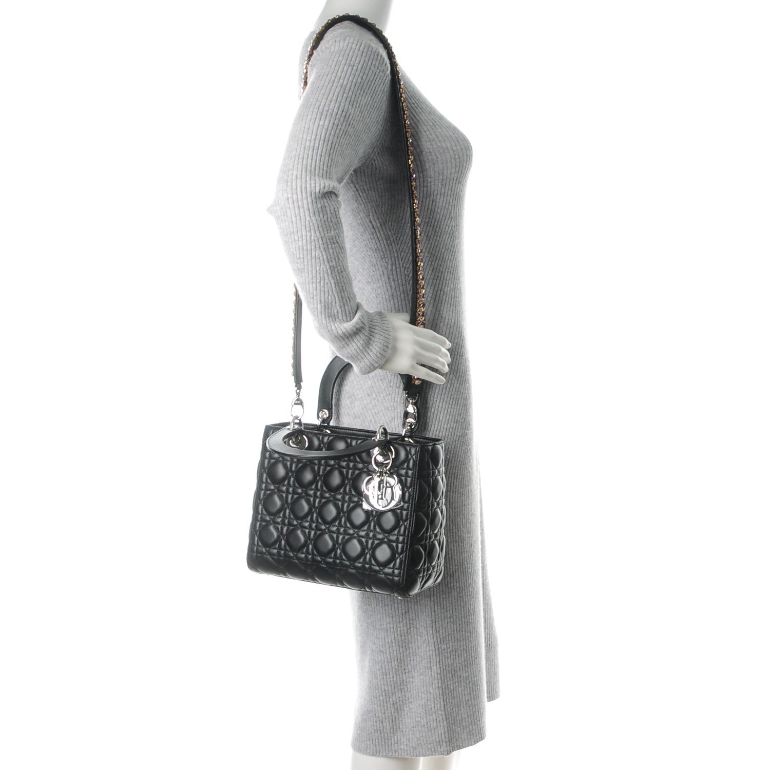 Christian Dior Lambskin Cannage Medium Lady Dior Crystal Strap Black 2 of 8
