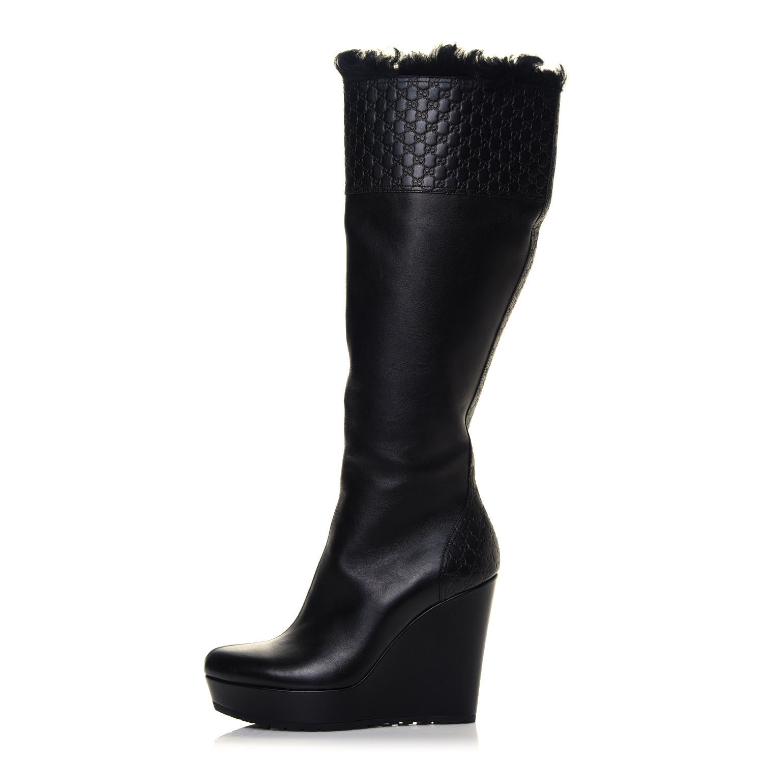 Gucci Microguccissima Shearling High Wedge Boots 37.5 Black 1 of 6