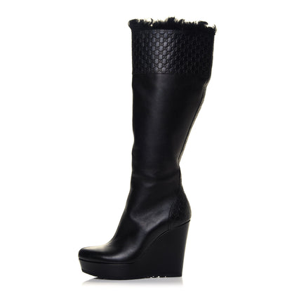 Gucci Microguccissima Shearling High Wedge Boots 37.5 Black 1 of 6