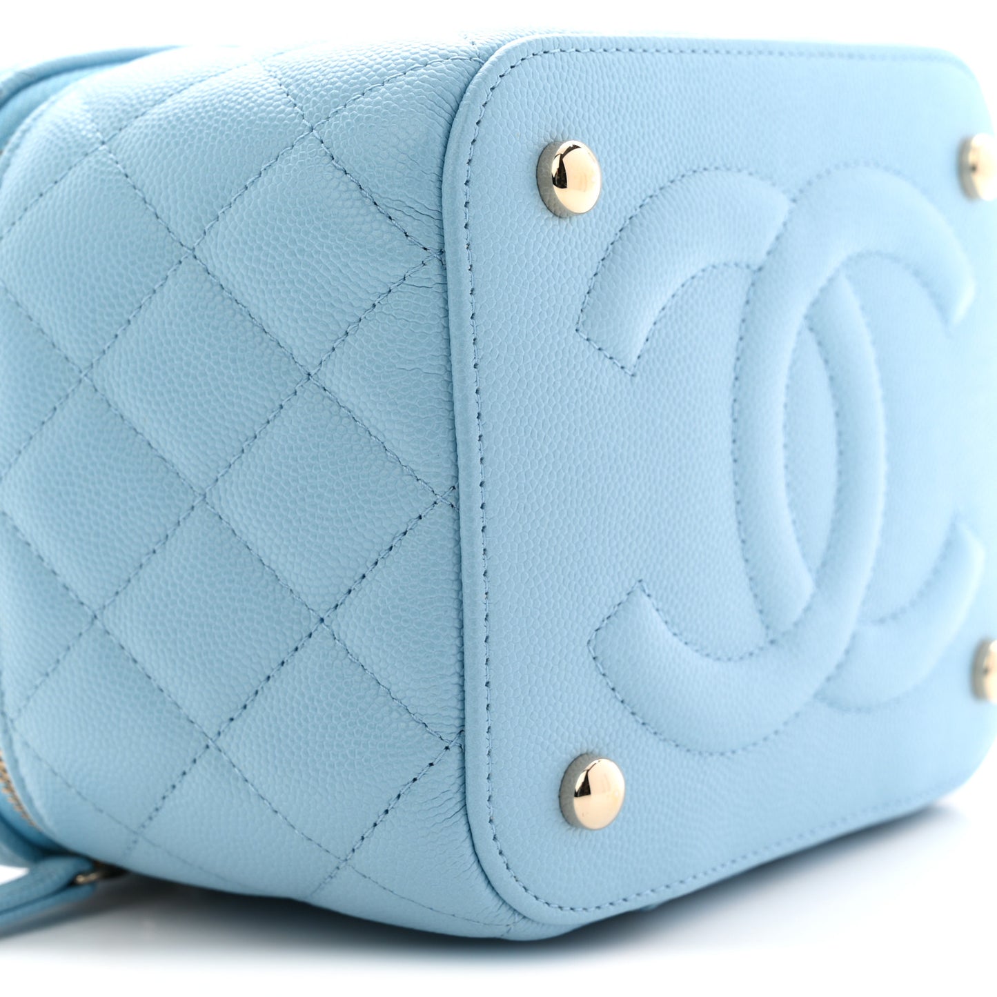 Caviar Quilted Top Handle Vanity Case With Chain Blue