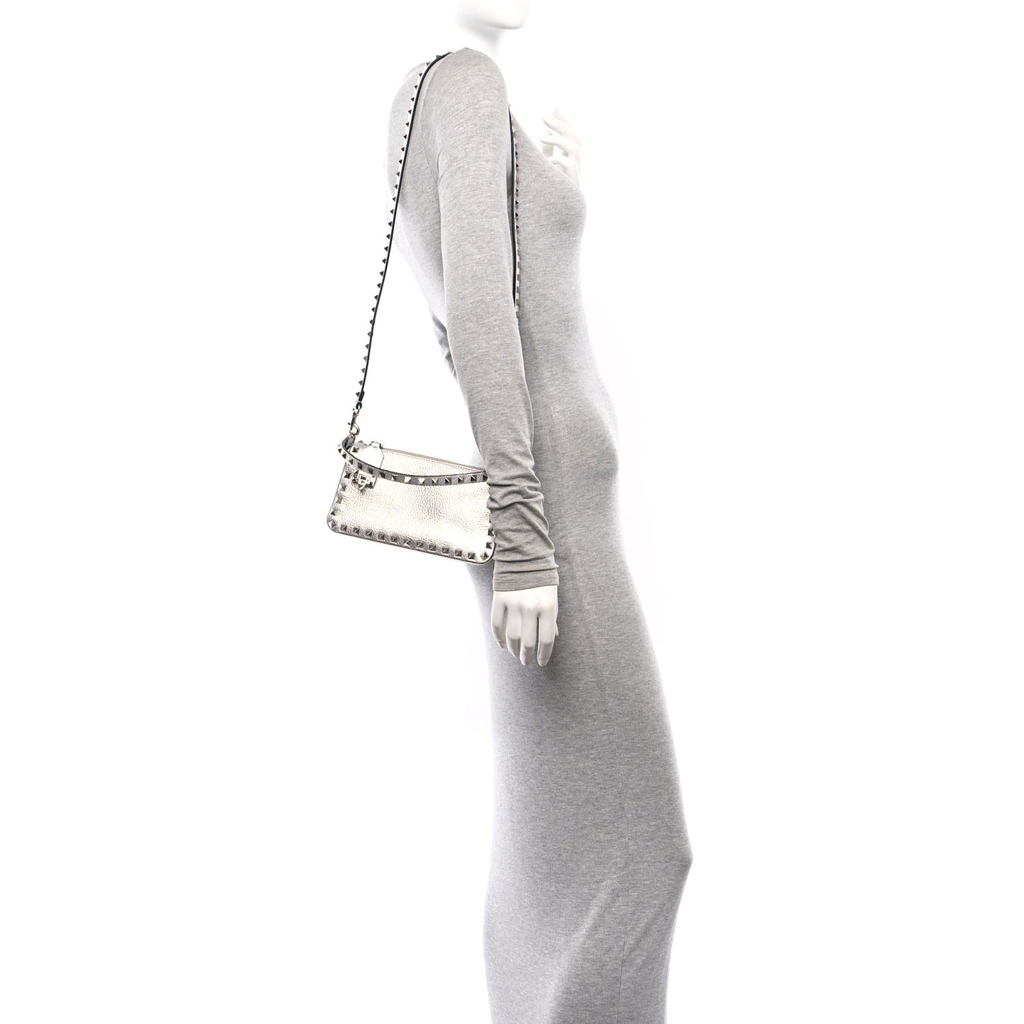 Metallic Pebbled Calfskin Small Rockstud Flip Lock Shoulder Bag Silver