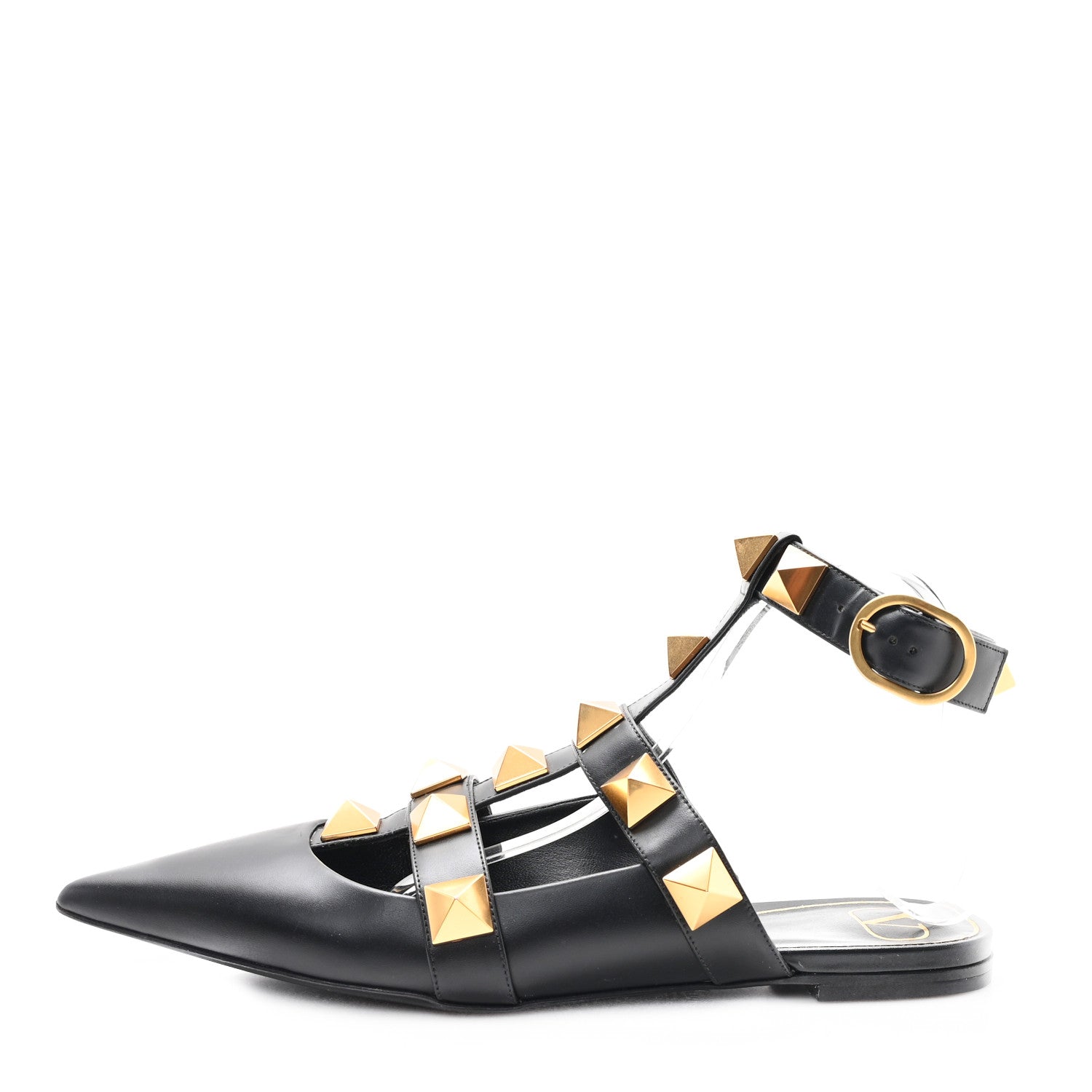 Valentino Garavani Calfskin Roman Stud Ankle Strap Flat Mules 41.5 Black 1 of 10