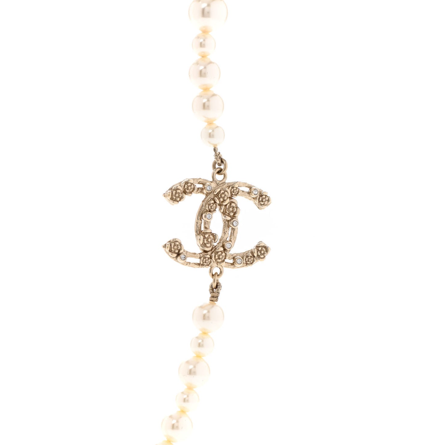 Pearl Crystal CC Camellia Long Necklace Gold