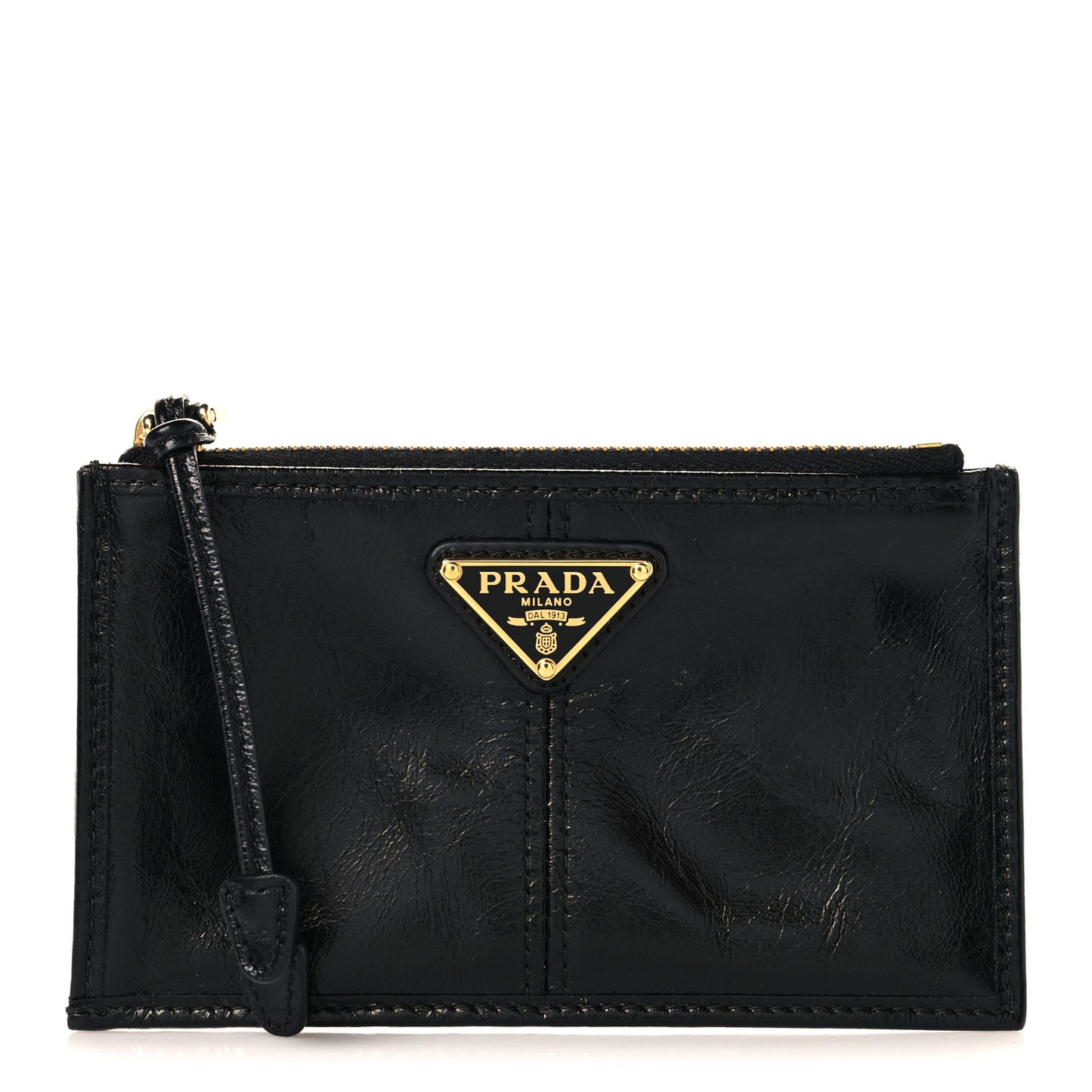 Glossy Calfskin Triangle Zip Card Holder Black