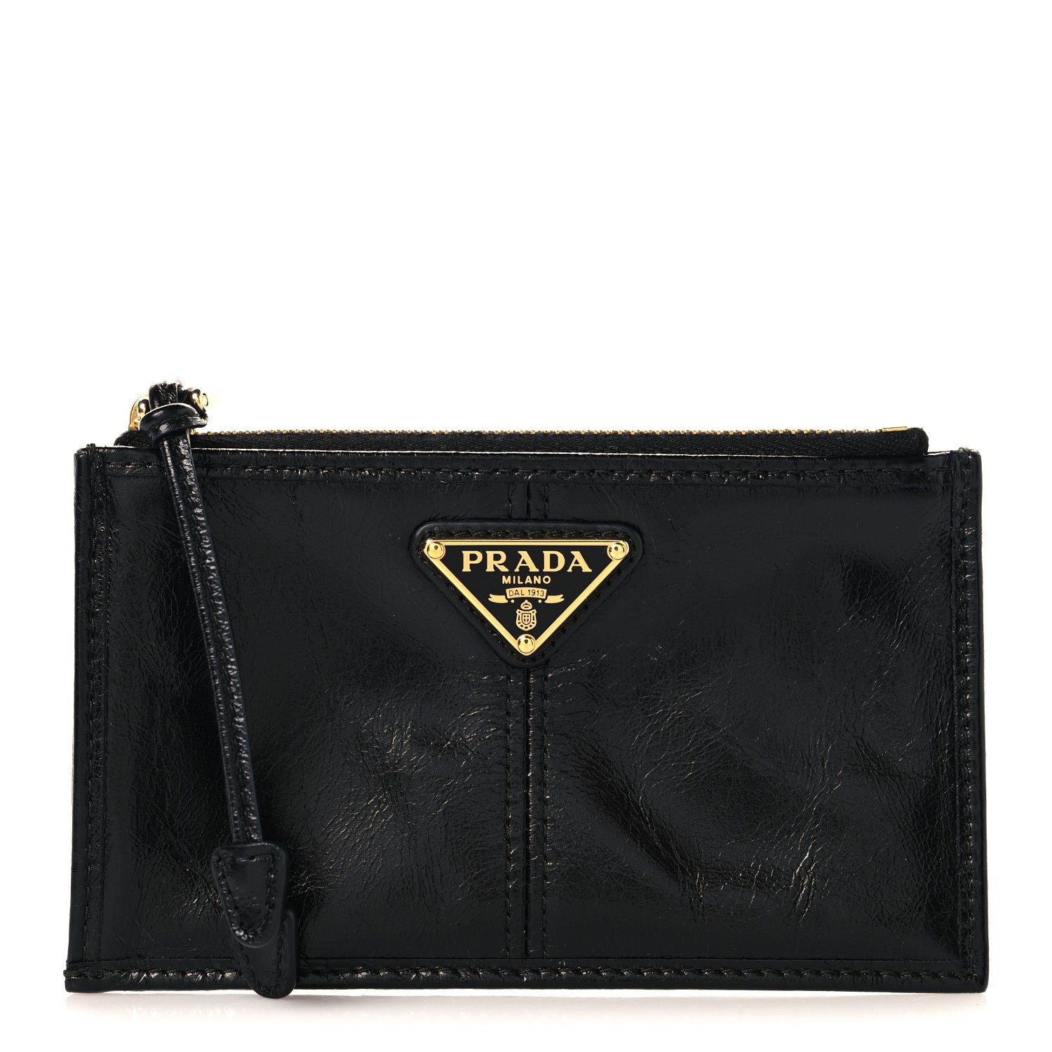 Prada Glossy Calfskin Triangle Zip Card Holder Black 1 of 7